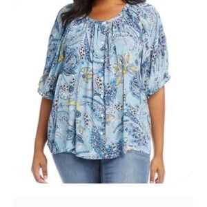 Karen Kane 2X Blue Paisley Print Peasant Blouse Top Plus Size Boho Chic